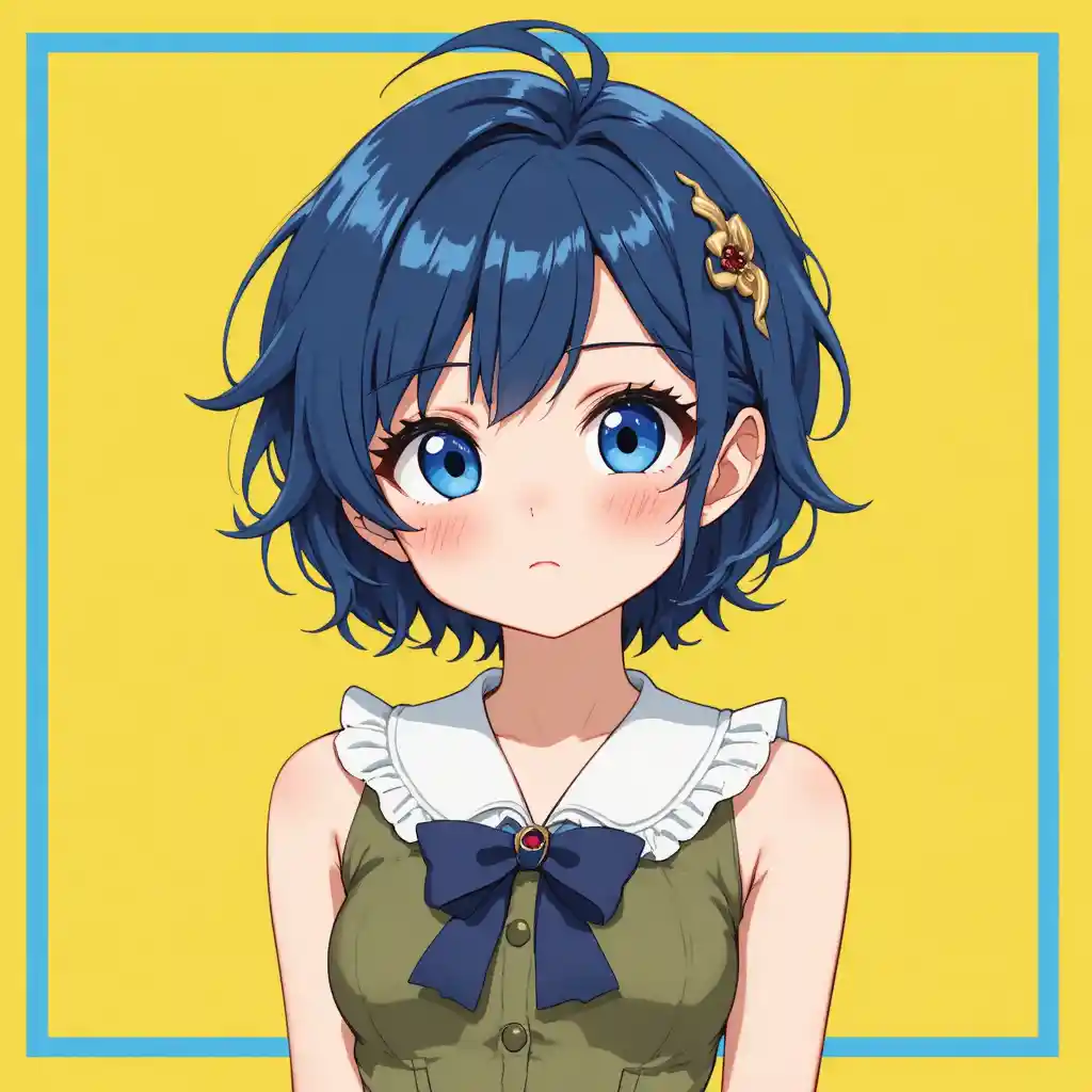 Cute anime girl in olive dress on yellow background