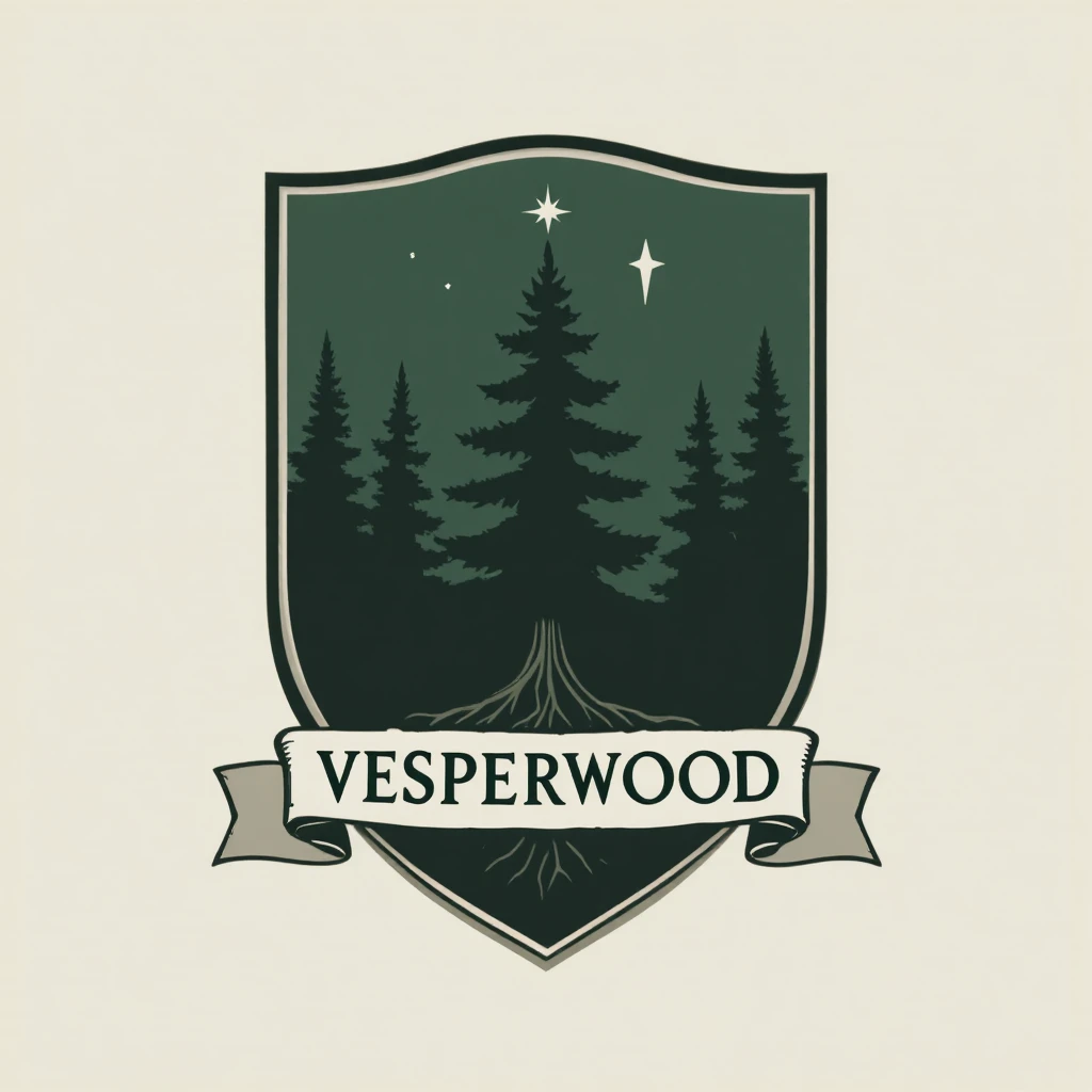 Green heraldic shield with pine tree and descending star emblem