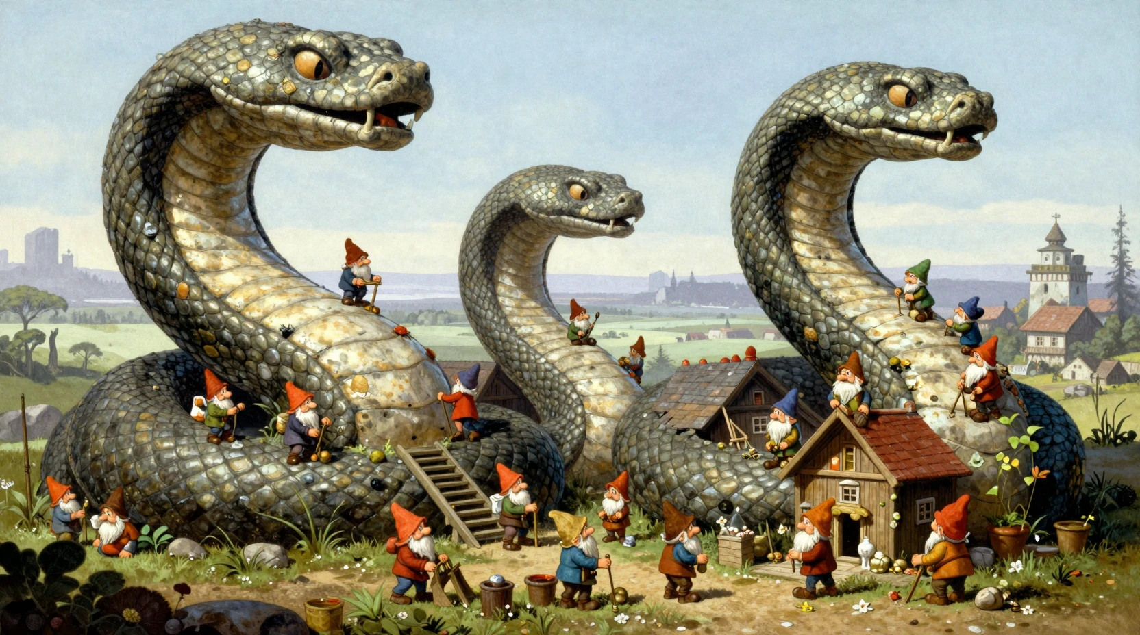 Villaggio di gnomi che si avvolge attorno a una colossale statua di serpente
