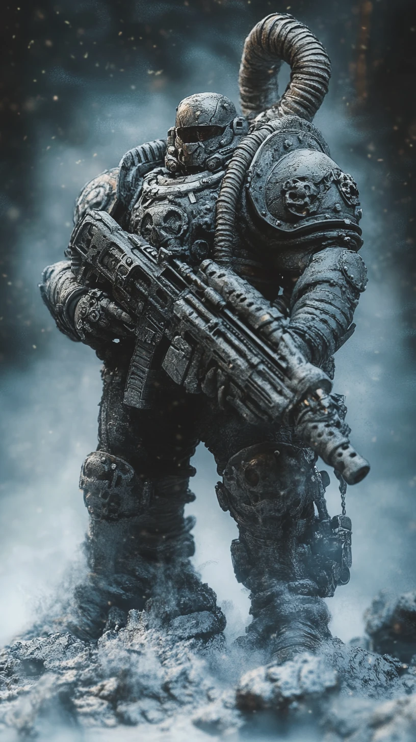 Armored sci fi soldier with heavy gun in foggy scene