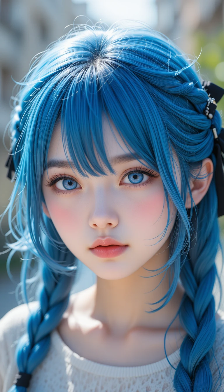 藍髮和服動漫女子與海洋雙重曝光
