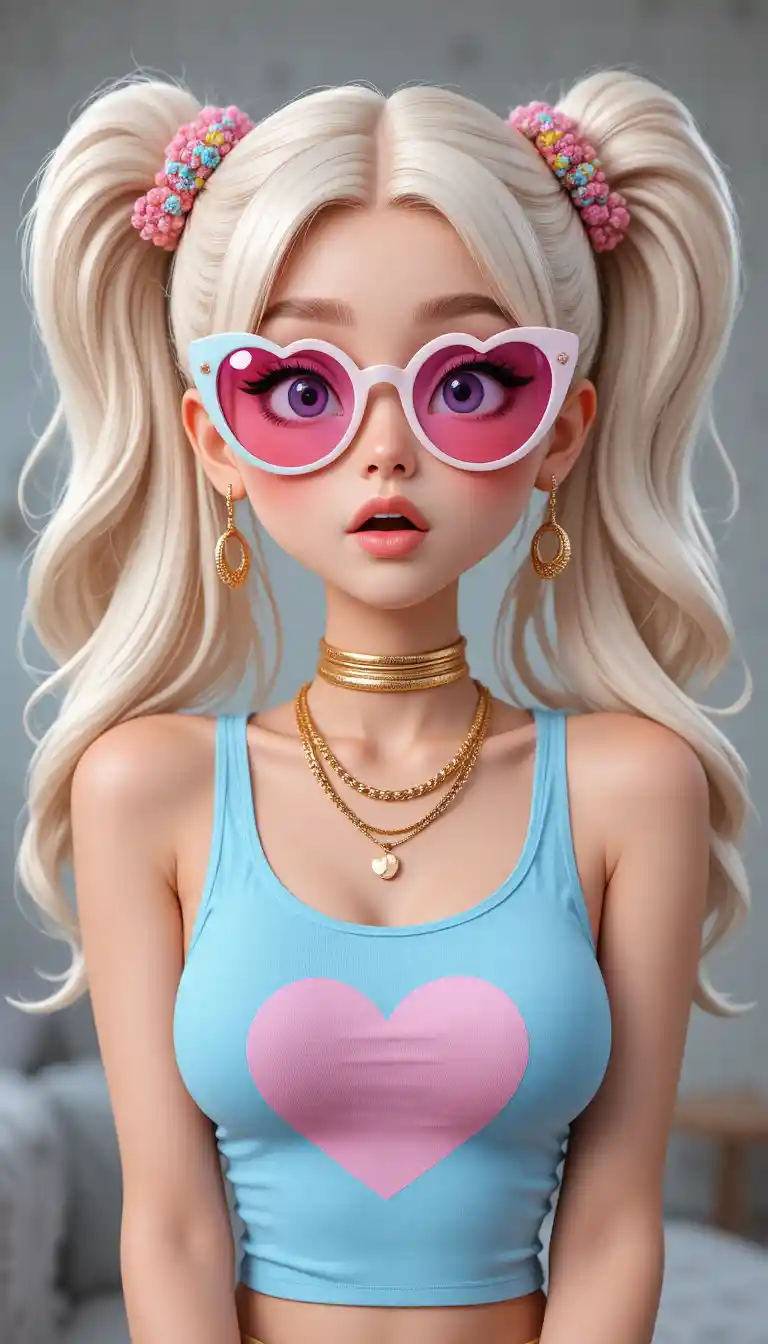 Stylish blonde girl with heart sunglasses and jewelry