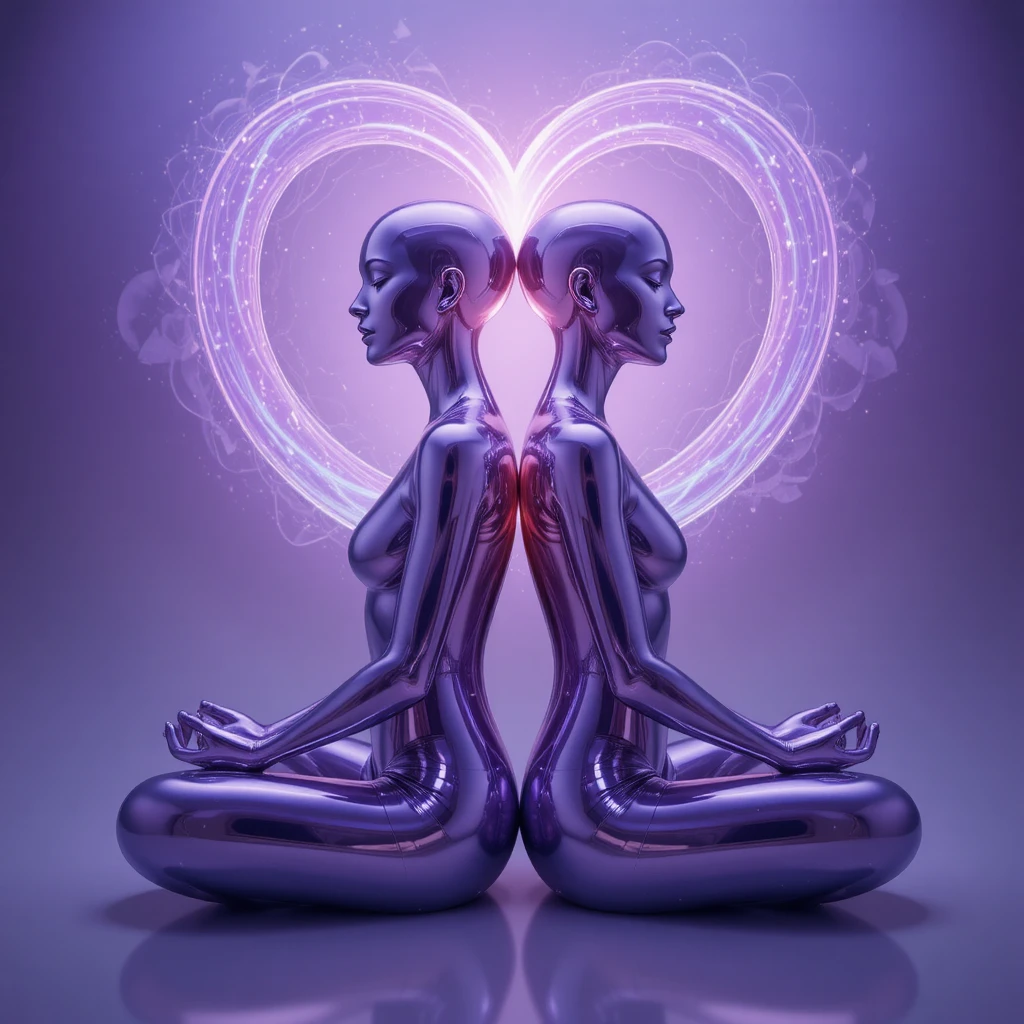 Two Chrome Figures Meditating Within A Luminous Heart Aura