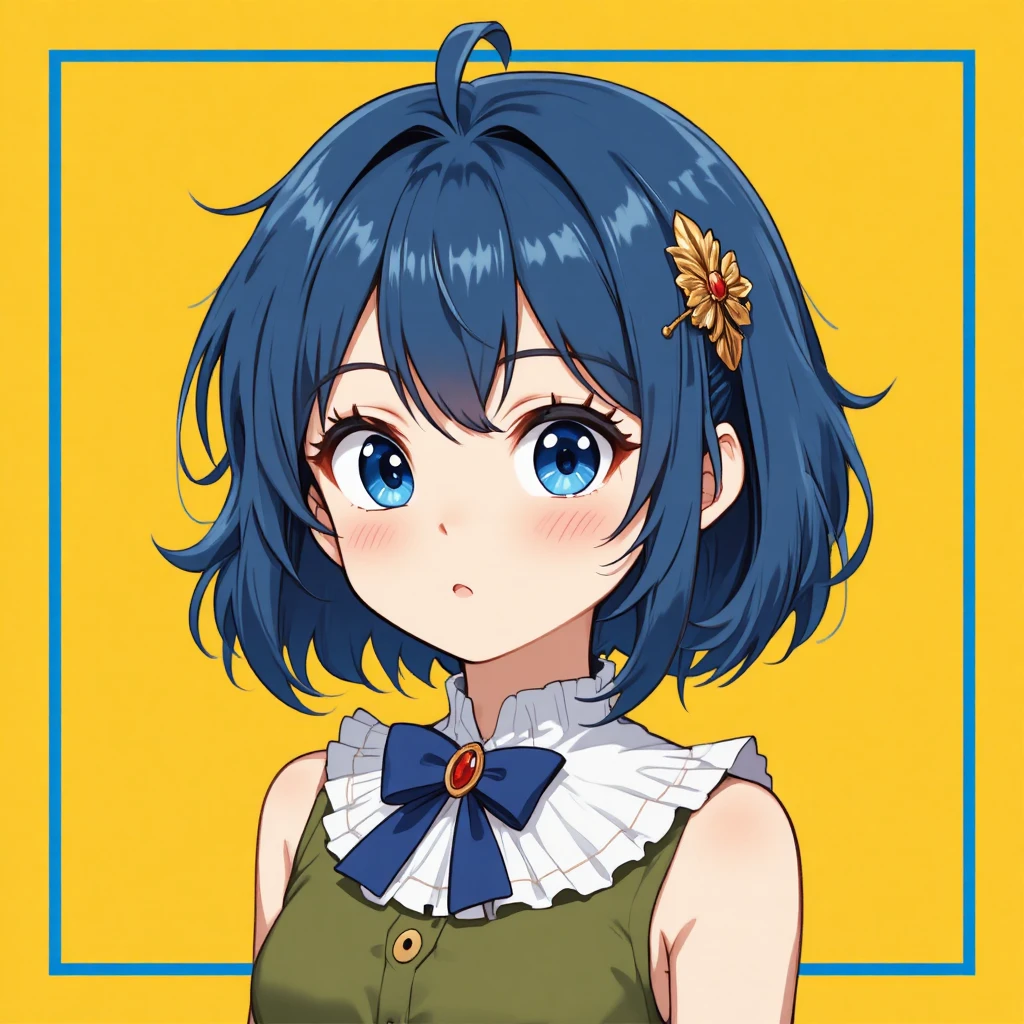 明るい黄色の背景にオリーブ色のワンピースを着た恥ずかしがり屋のアニメ少女