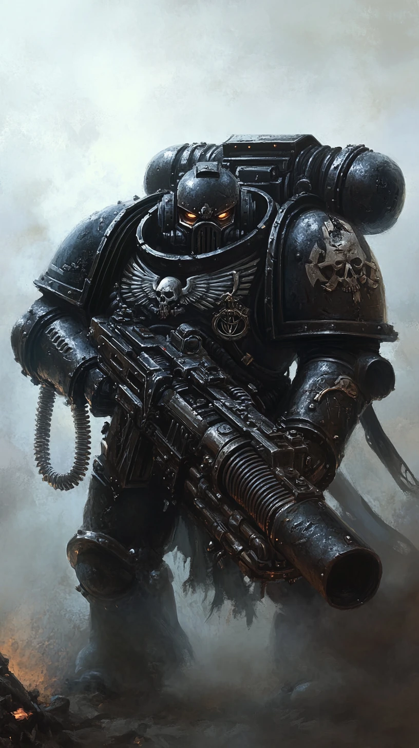 Armored sci fi soldier with massive machine gun in fog