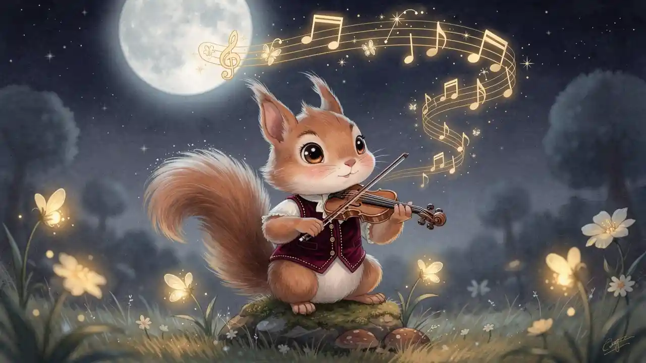 Ardilla chibi tocando violín bajo un cielo nocturno encantado