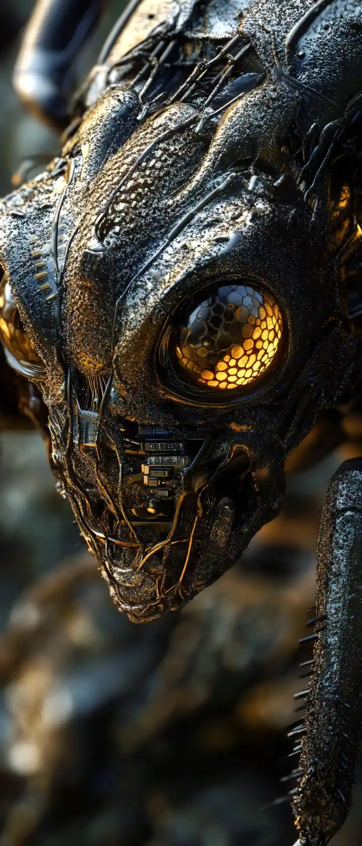 Gigantic mechanical bee with glowing golden eyes in decay