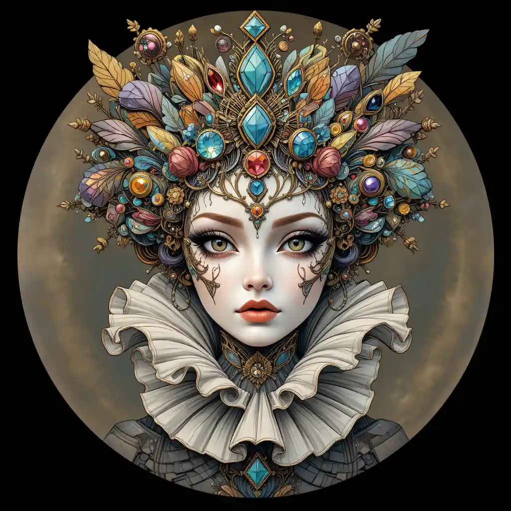 Surreal jeweled mask with ornate crown and ruffled collar