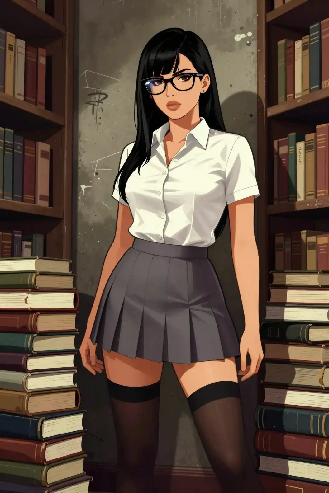 自信に満ちた女子学生が歩くグリティな都会の図書館通路