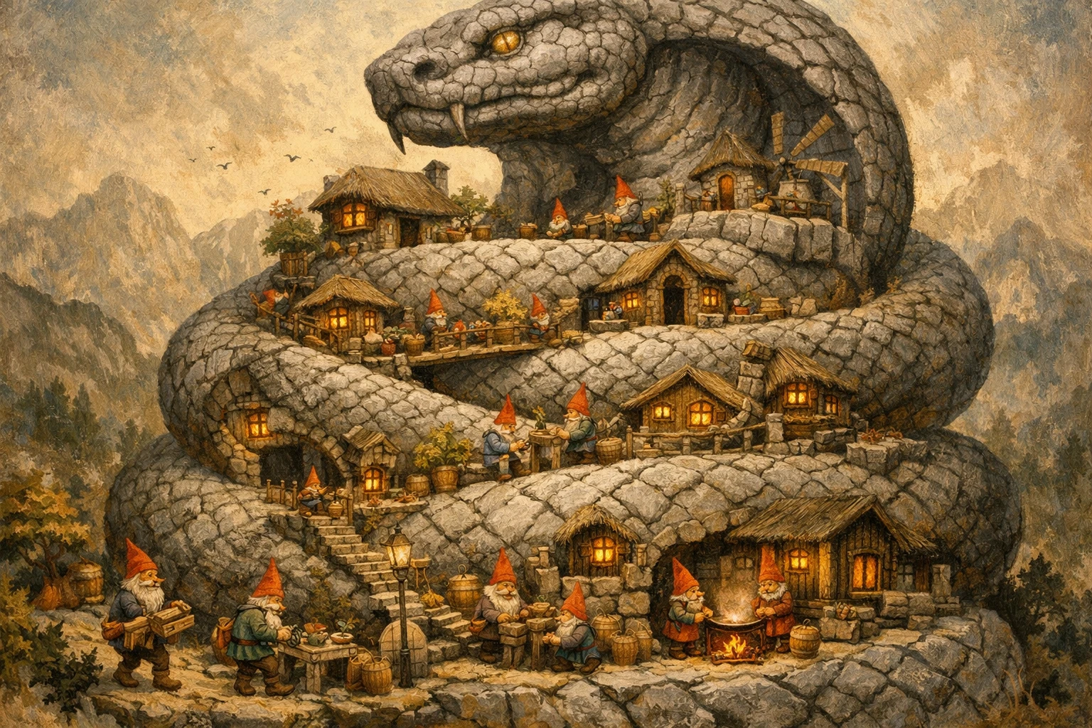 Gnome village winding through a colossal stone serpent