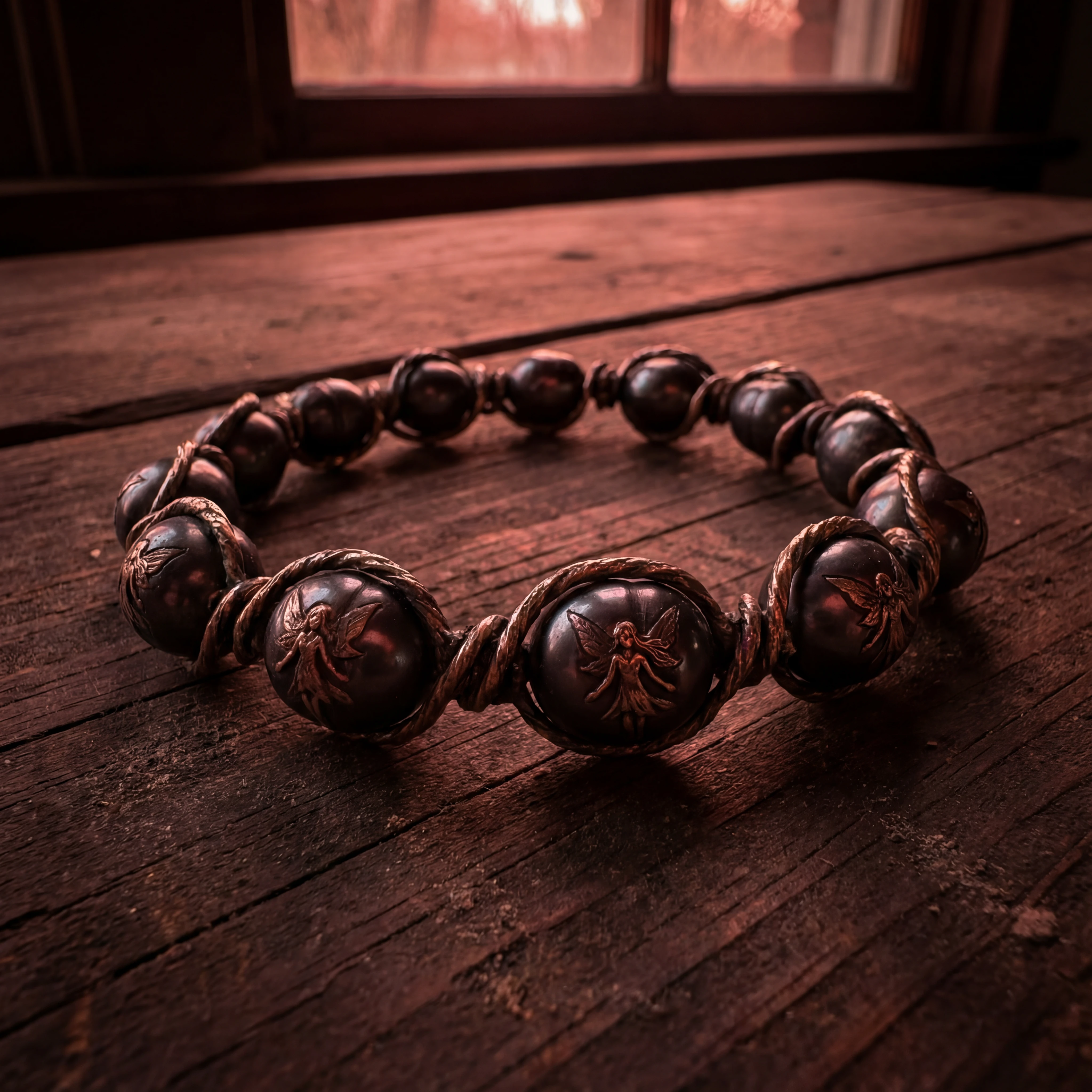 Bracciale di perline sul legno sotto una inquietante luna di sangue
