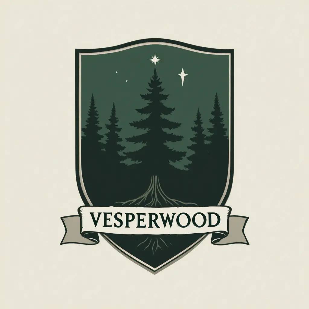 Green heraldic shield with pine tree and descending star emblem
