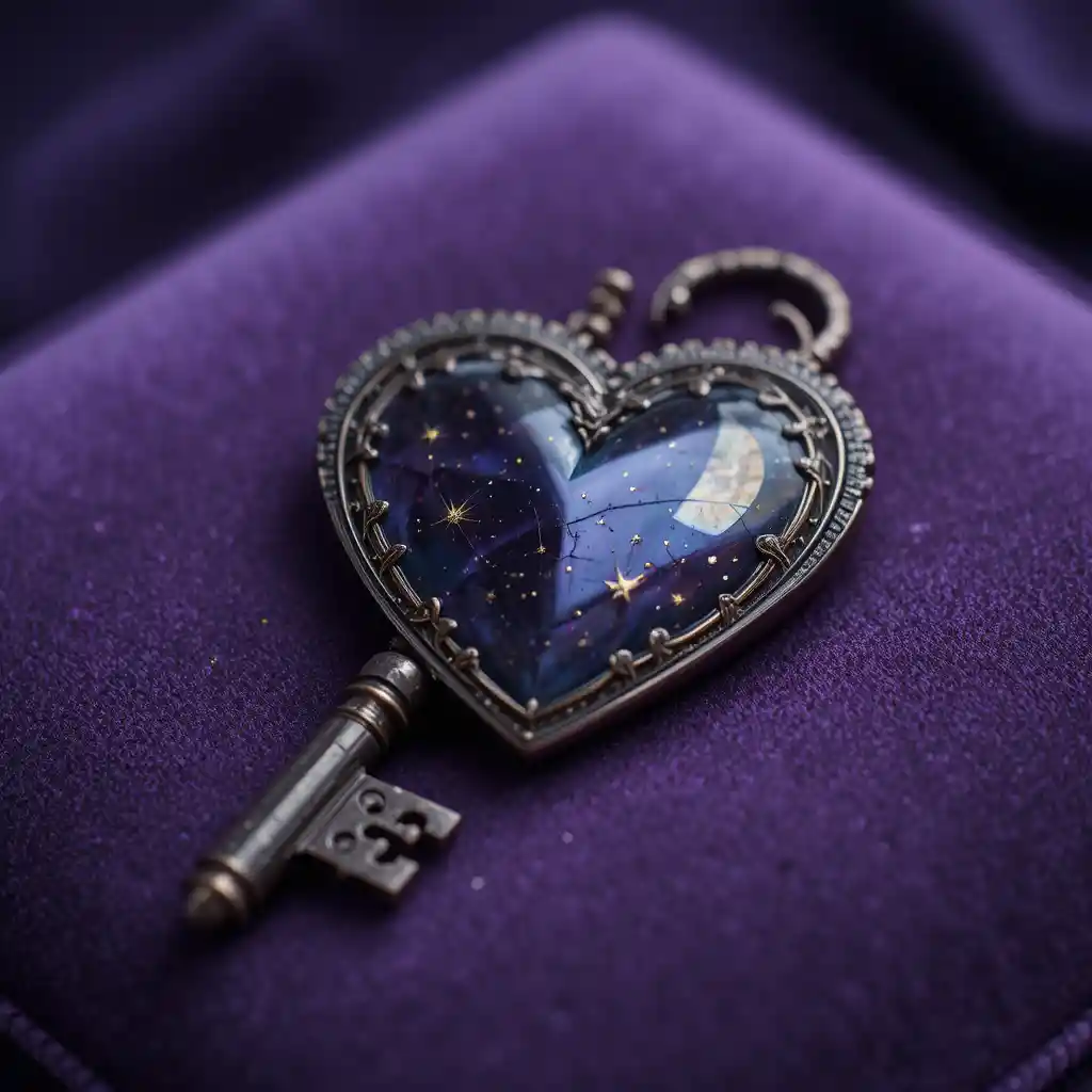 Herzförmiger Metallschlüssel auf tief violettem Samtkissen