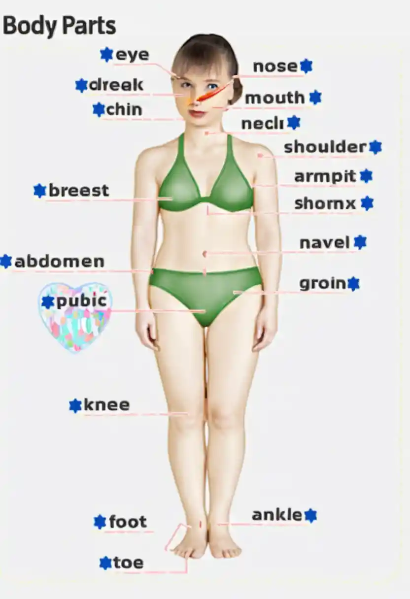 Labeled female body parts educational anatomy illustration
