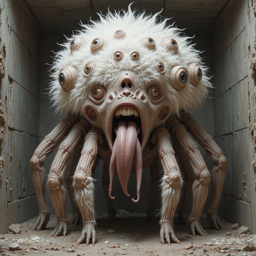 Tall multi eyed monster standing inside a concrete bunker