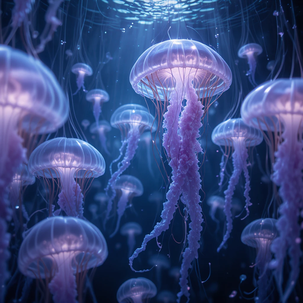 Underwater jellyfish with silver bells and purple heart tendrils