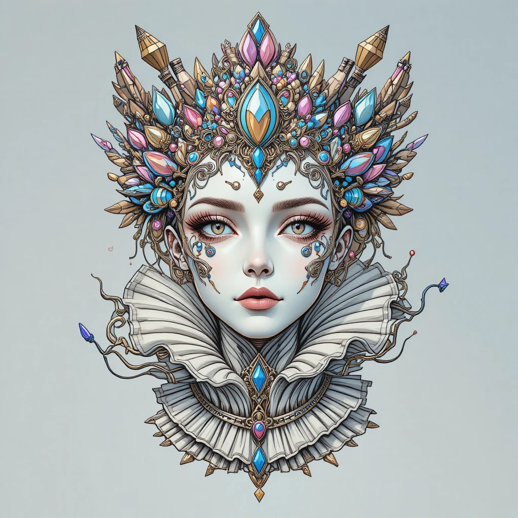Máscara surreal con joyas, corona ornamentada y cuello plisado