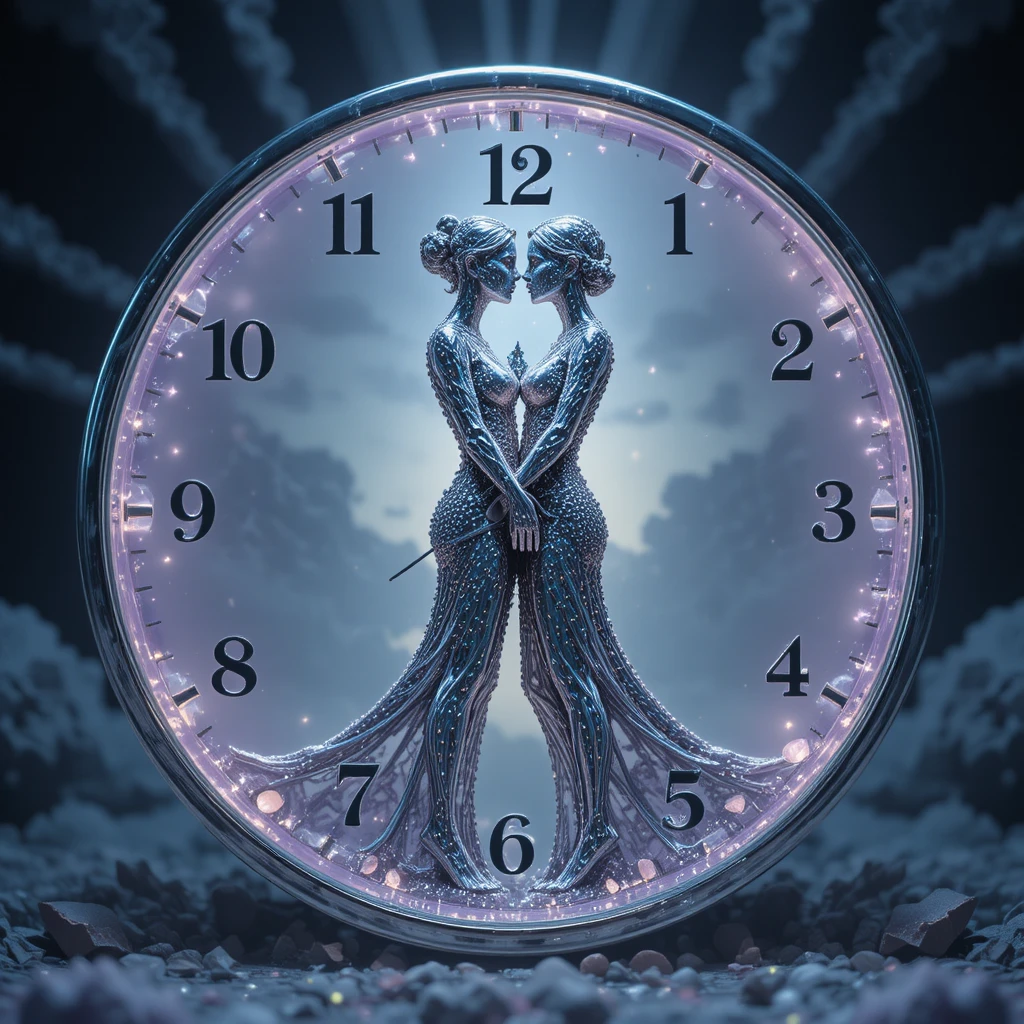 Surrealistische Uhr mit leuchtenden Monden und schmelzenden Silbergestalten