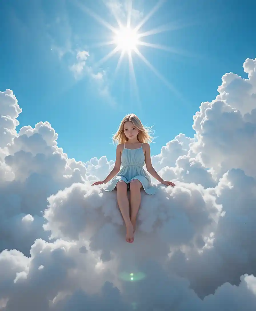 Giovane ragazza seduta su una nuvola luminosa nel cielo