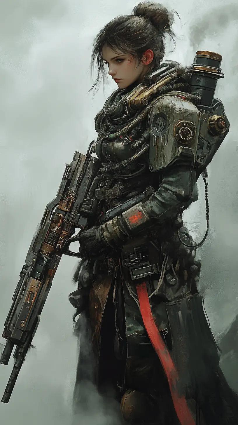 Anime warrior woman with steampunk armor and heavy machine gun