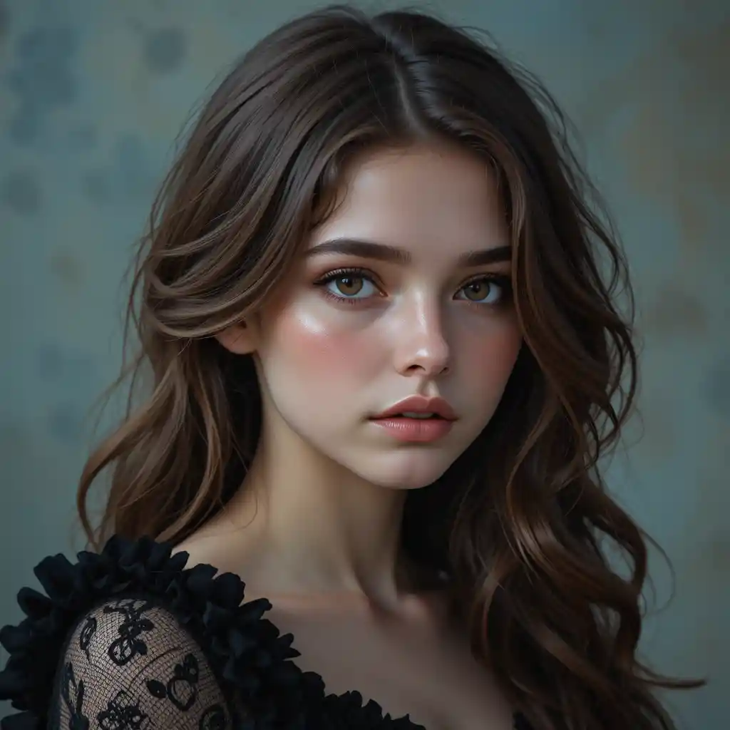 Young woman in a dark ruffled dress with soft dreamy light