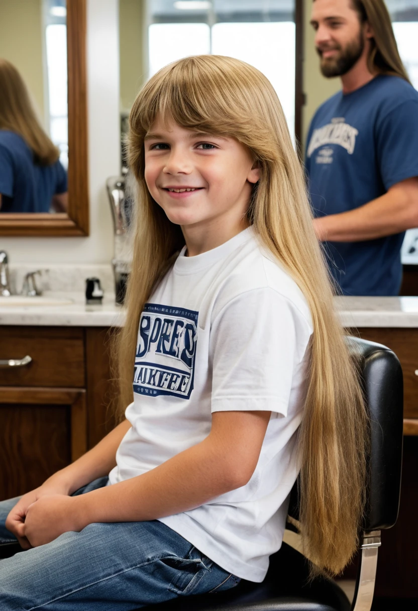 Niño sonriente con mullet extremadamente largo en una silla de barbería