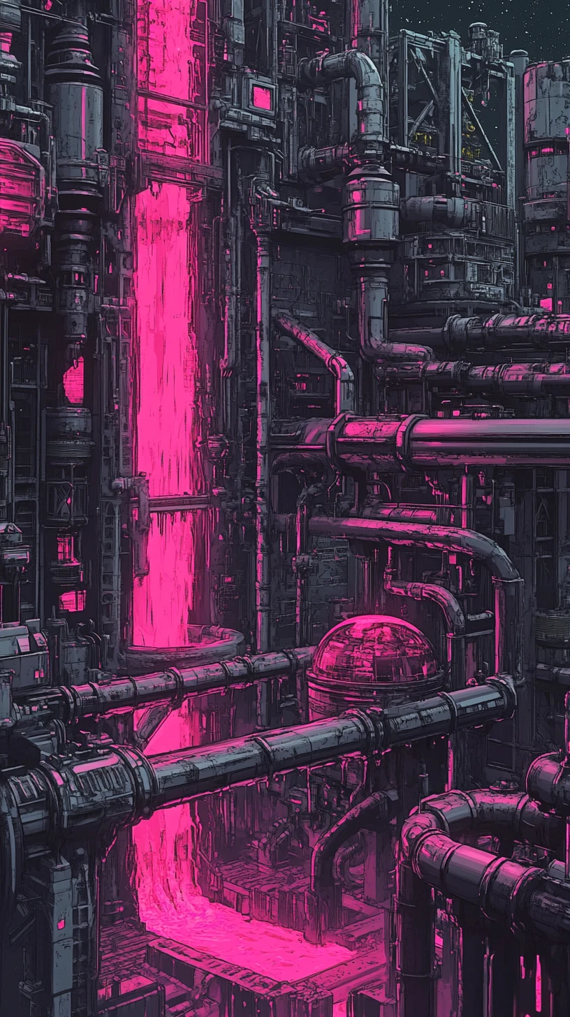 Weite Industrie­stadt aus Rohren mit leuchtend neonpinker Flüssigkeit