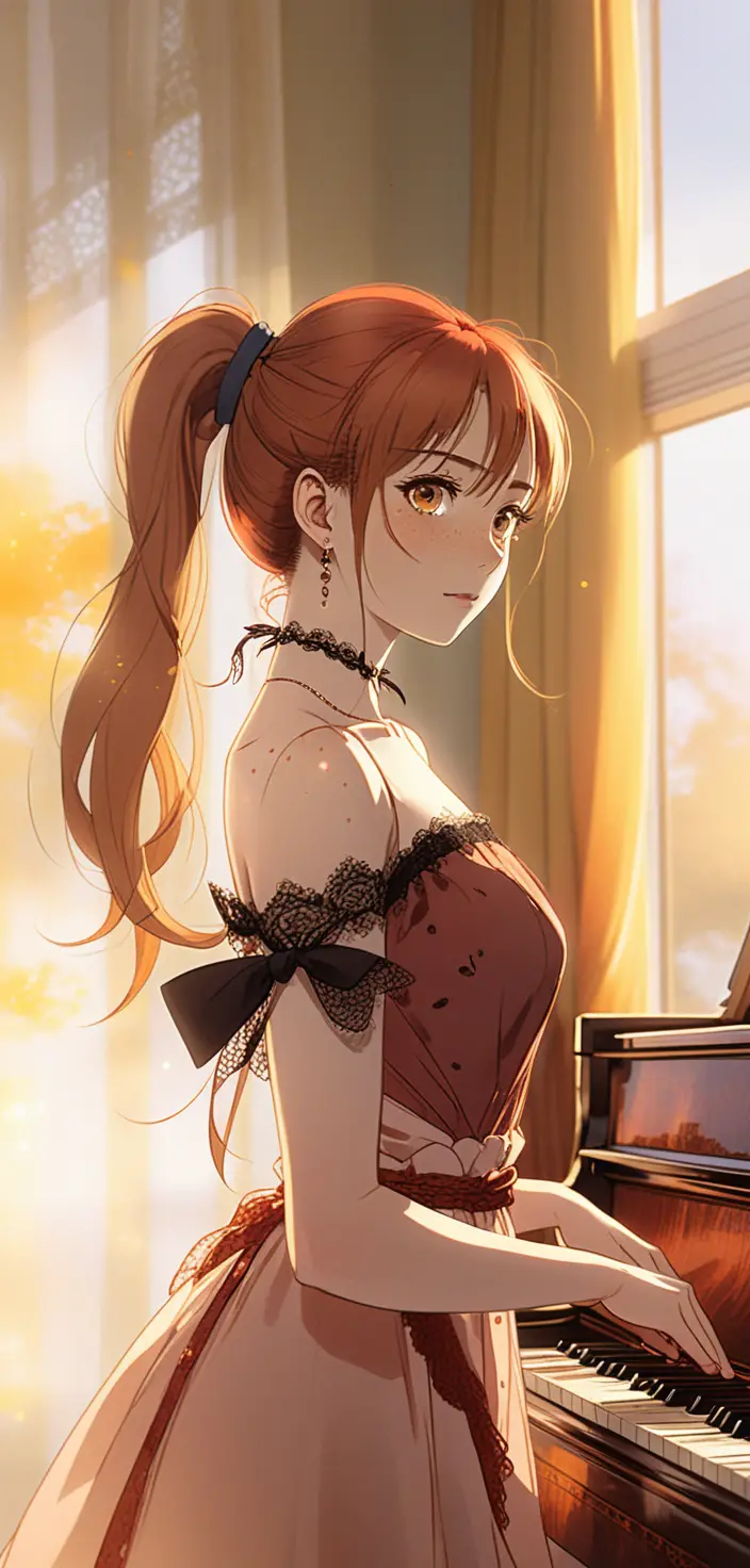 Blonde anime girl by piano in warm evening light