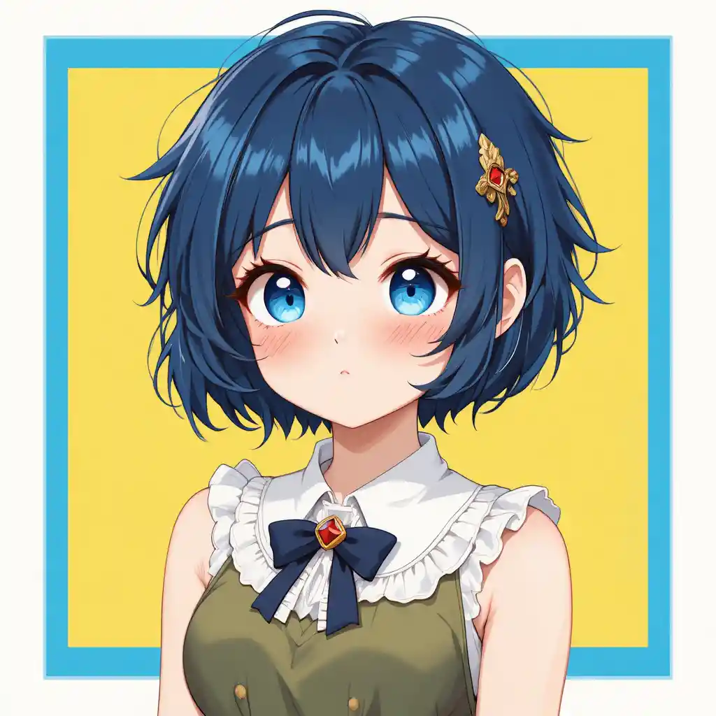Schüchternes Anime-Mädchen im olivgrünen Kleid vor leuchtend gelbem Hintergrund