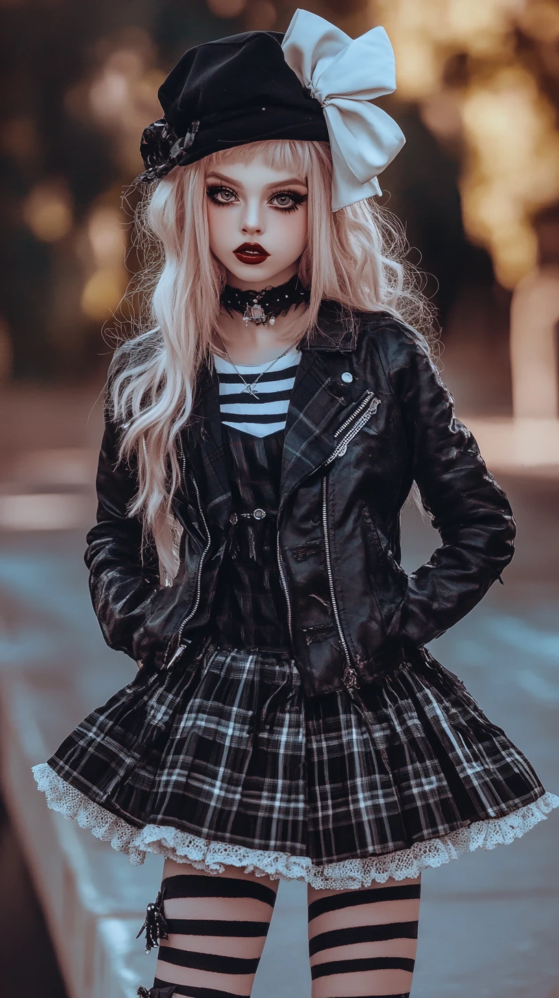 Gothic girl in striped outfit on a quiet urban dock