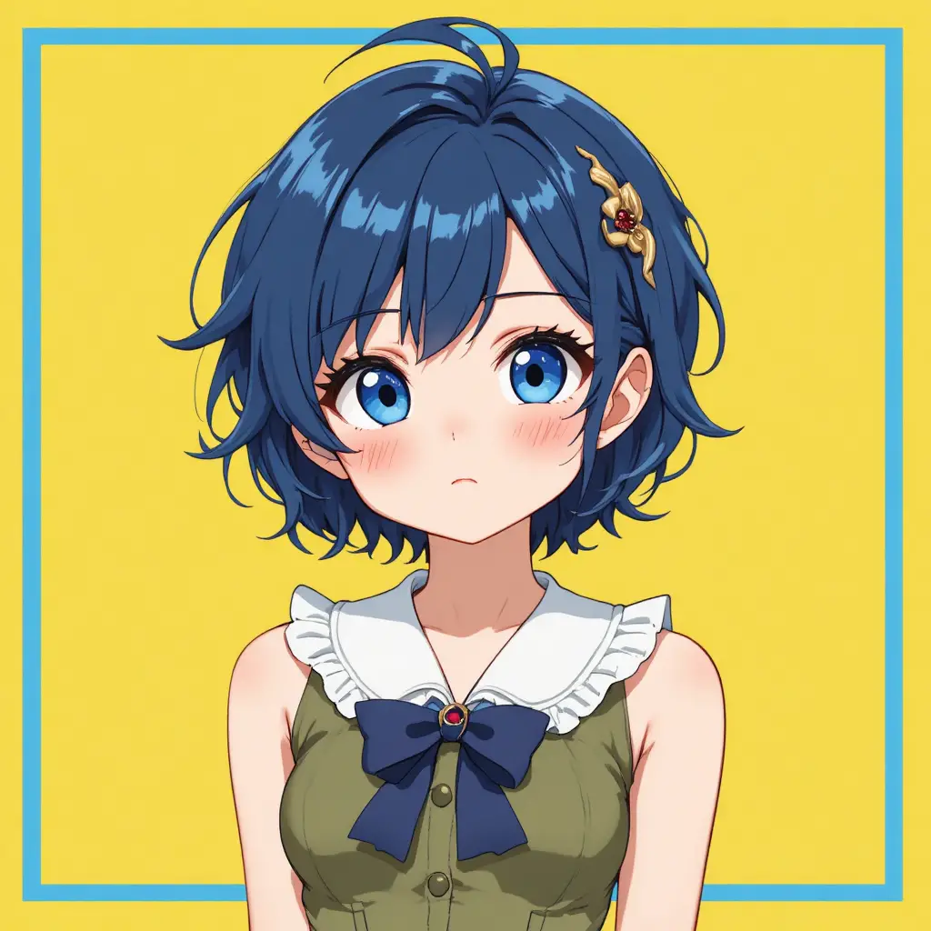 Cute anime girl in olive dress on yellow background