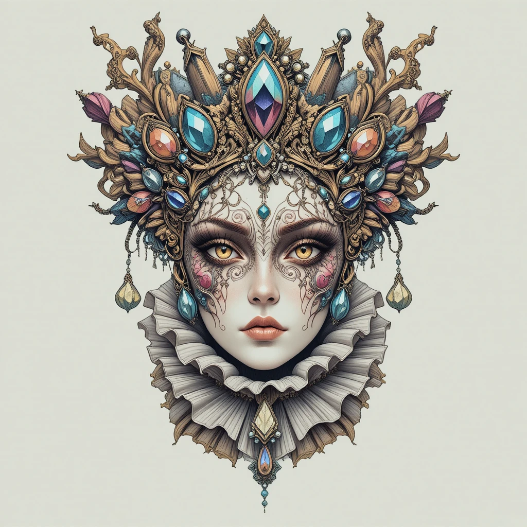 Máscara surreal enjoyada con corona ornamentada y cuello plisado