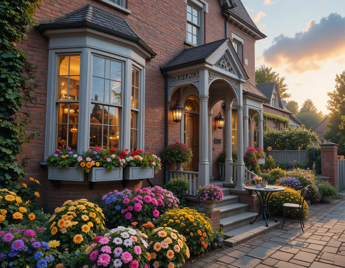 Charming brick house with flowers and glowing windows