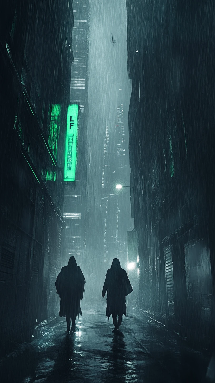 高層ビルの間の雨の路地を歩く二人の人物