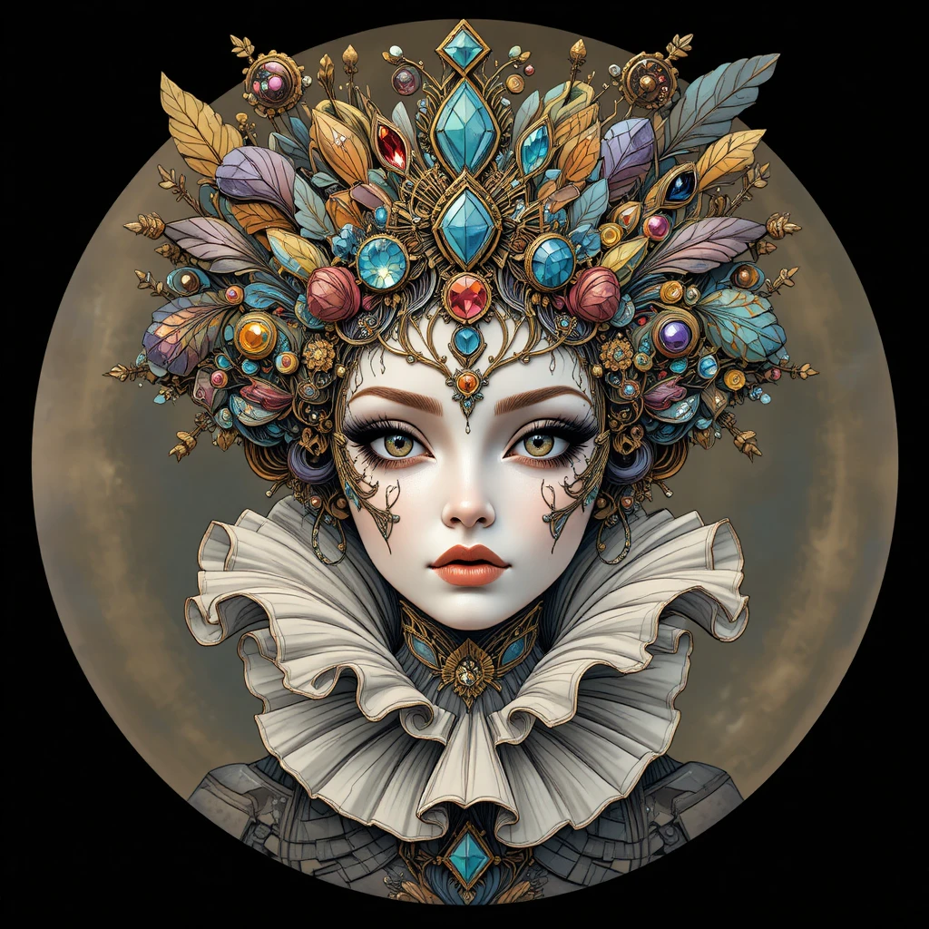 Surreal jeweled mask with ornate crown and ruffled collar