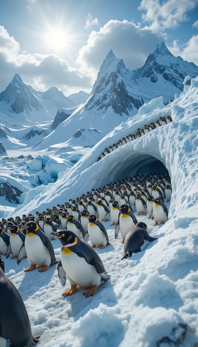 Pinguini di Adelia che scivolano sulla neve fresca in un paesaggio innevato