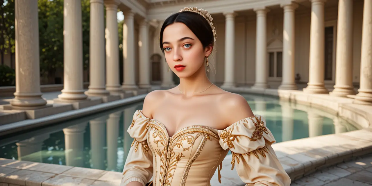 Young blonde woman in ornate corset by classical columns