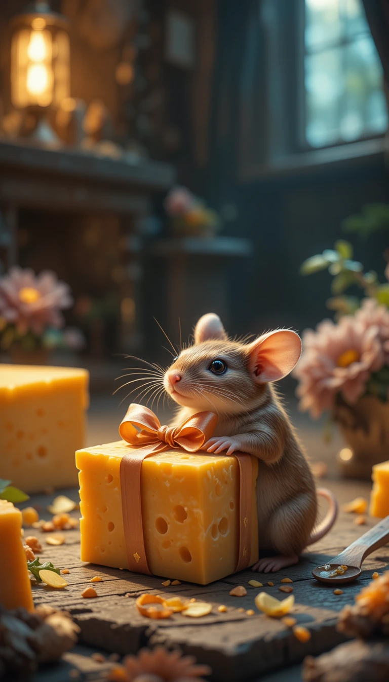 Tiny mouse receiving a cheese gift in warm fantasy light