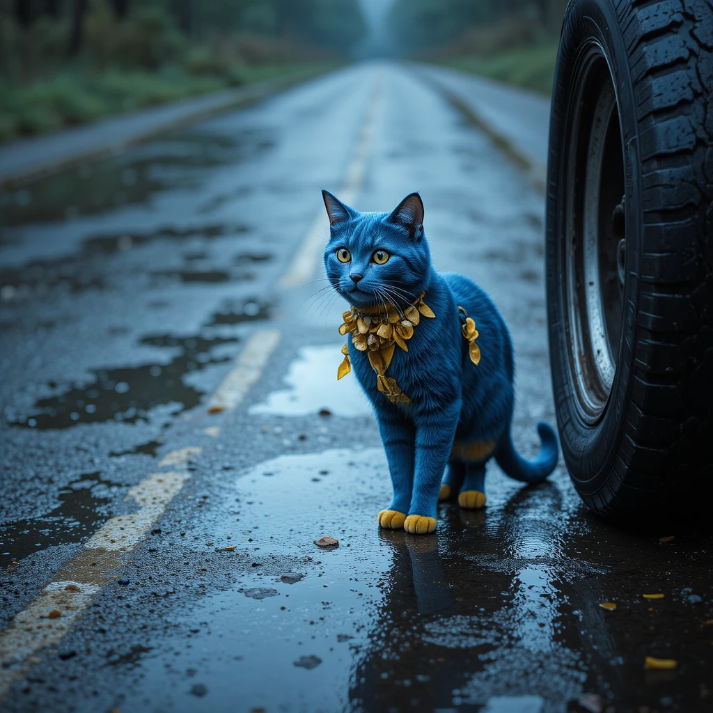 Gato de fantasía azul y amarillo junto a neumático mojado en carretera lluviosa