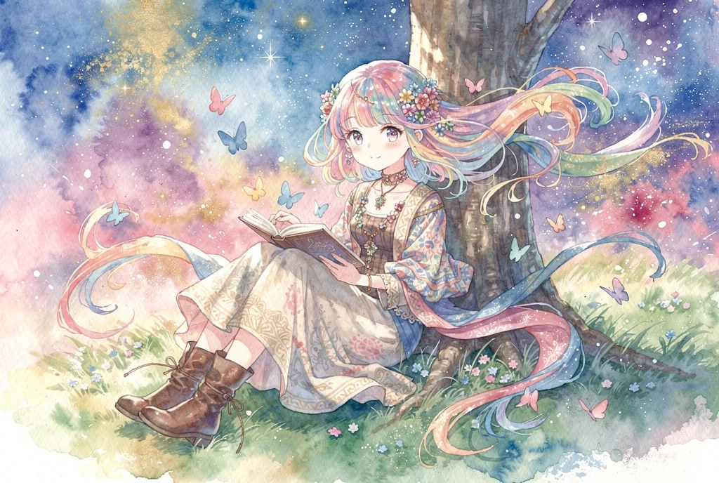 Whimsical watercolor girl reading under a tree