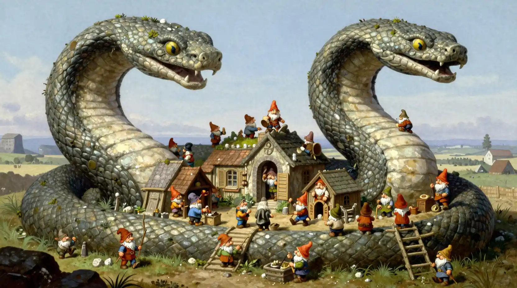 Gnome village winding through a colossal stone serpent