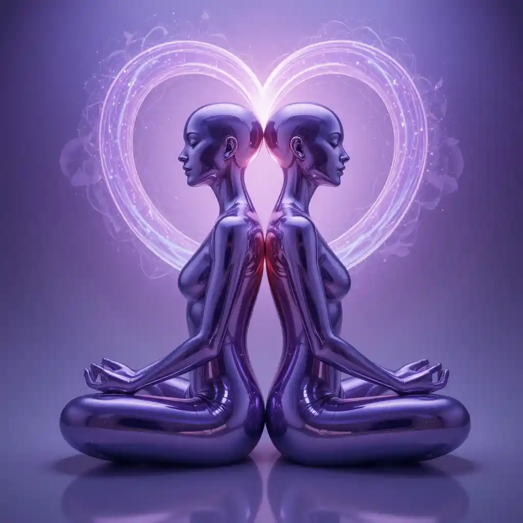 Dos figuras cromadas meditando dentro de un aura de corazón luminosa