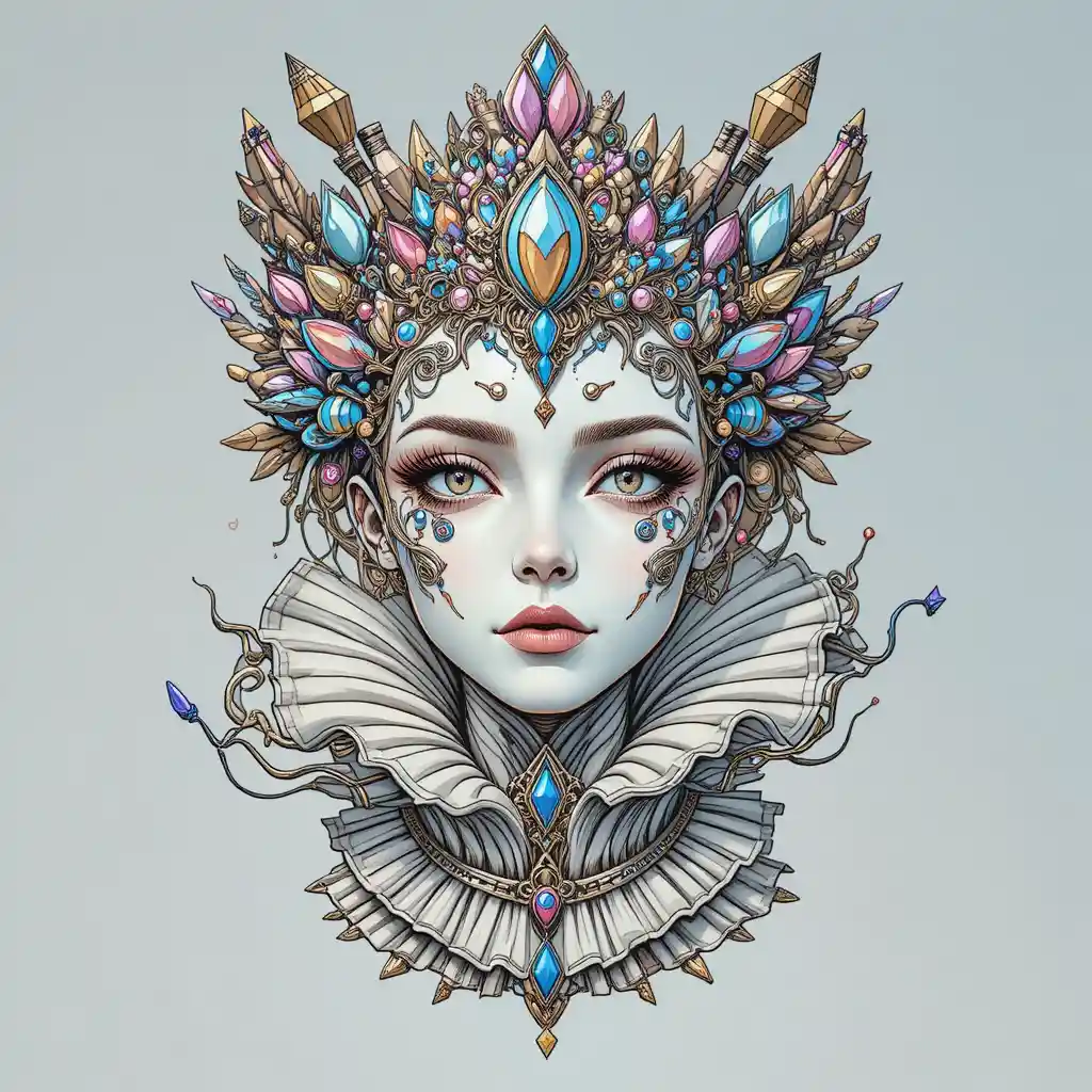 Máscara surreal con joyas, corona ornamentada y cuello plisado