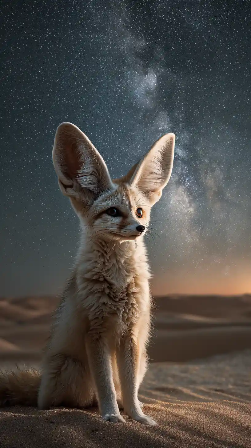 Fennec fox on a moonlit dune under a starry sahara sky