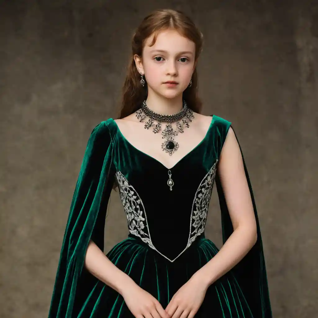 Vampiric Castilian noblewoman in emerald green renaissance gown
