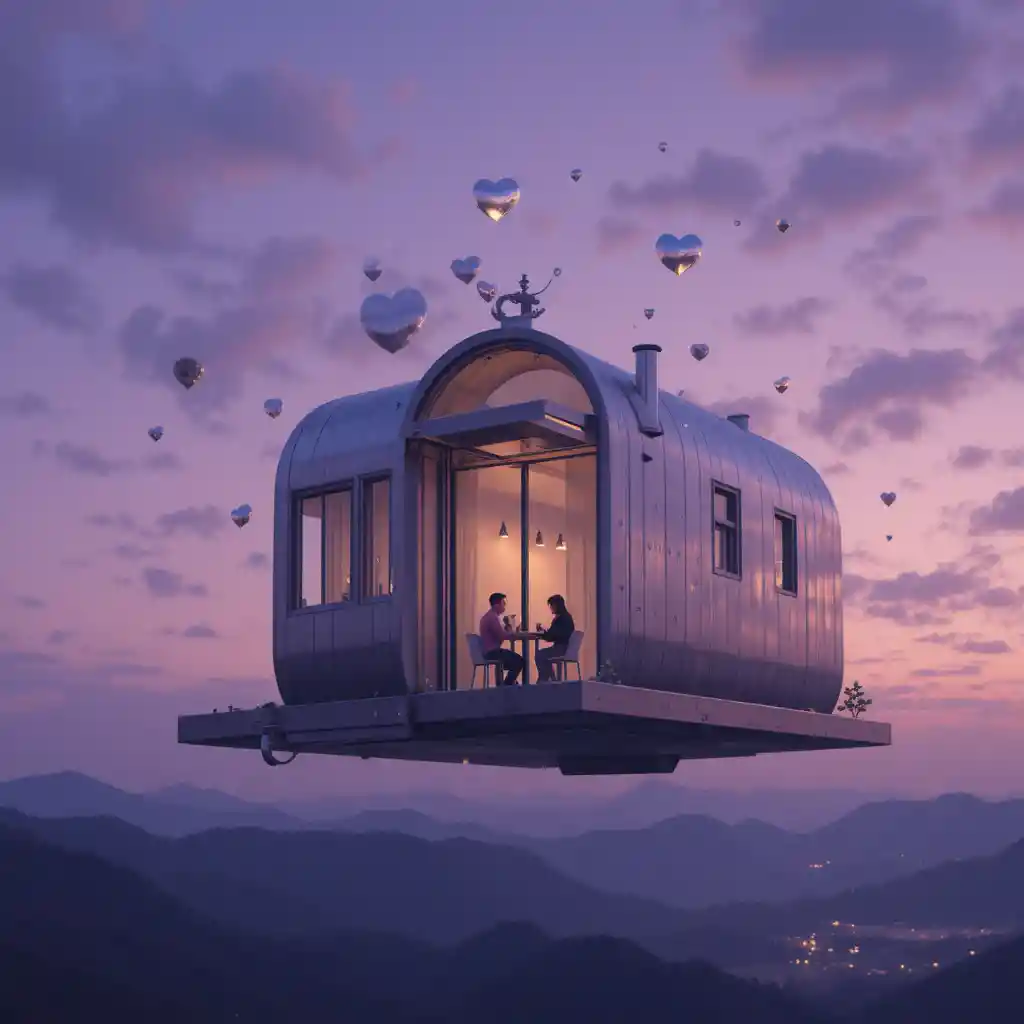 Schwebendes Stahlhaus im violetten Abendhimmel