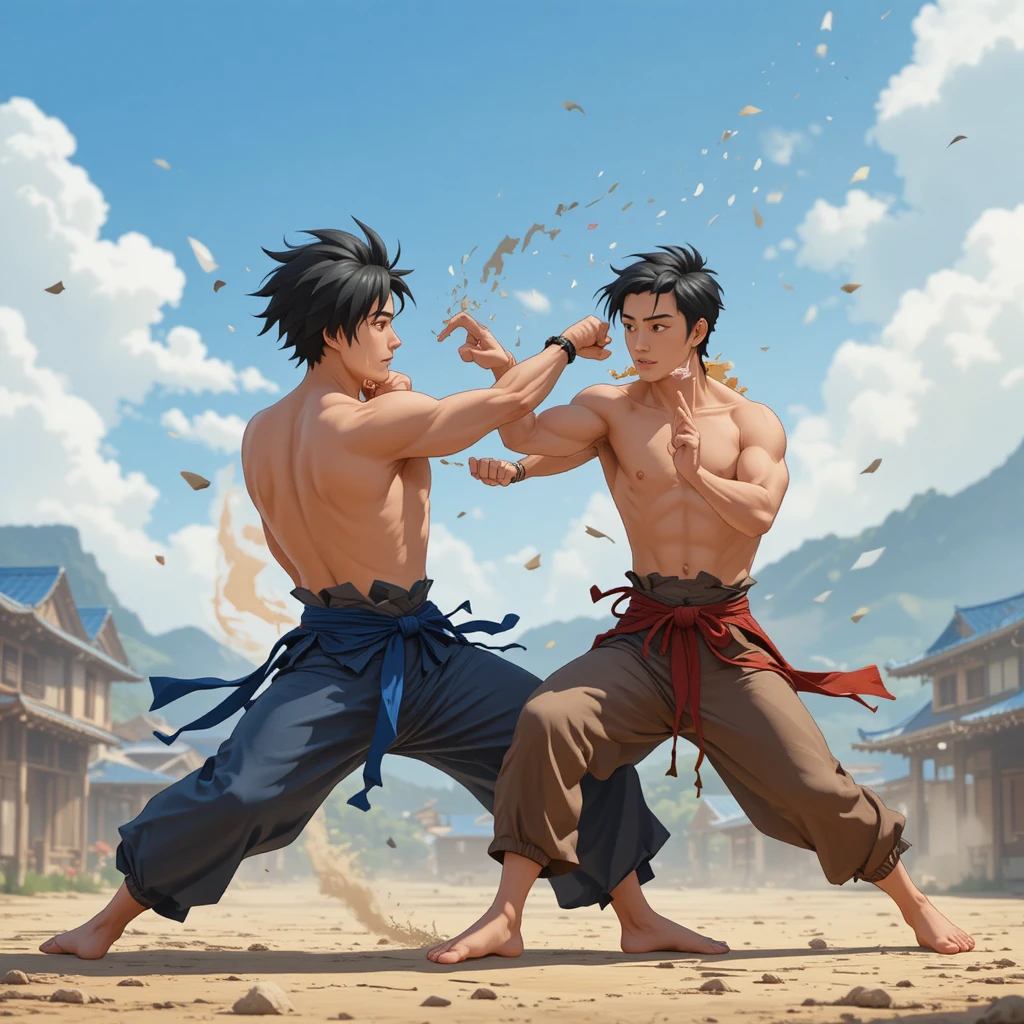Japanese men fighting in a 2D animated city scene