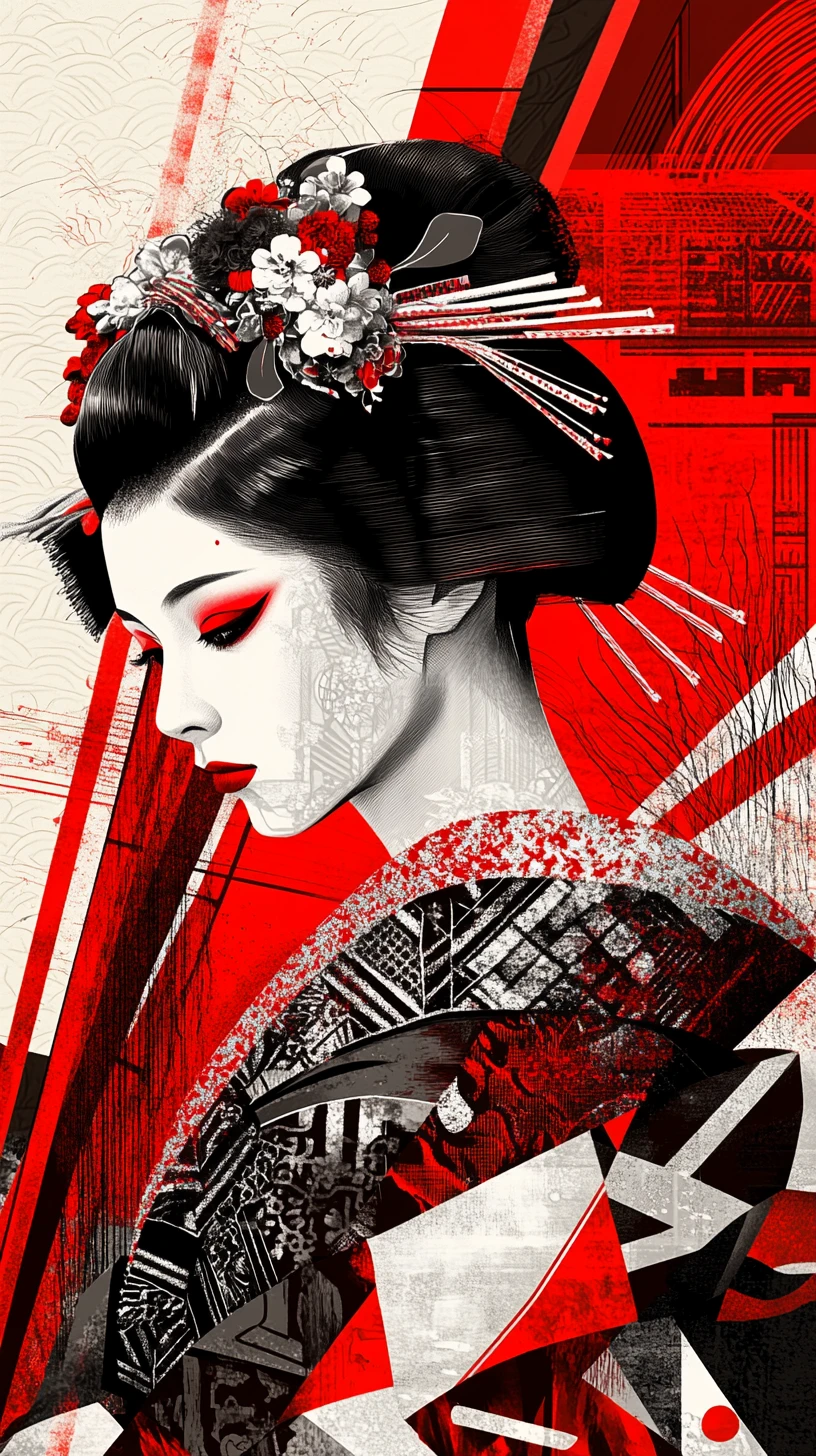 Elegante ritratto di geisha con kimono nero e sfondo rosso astratto