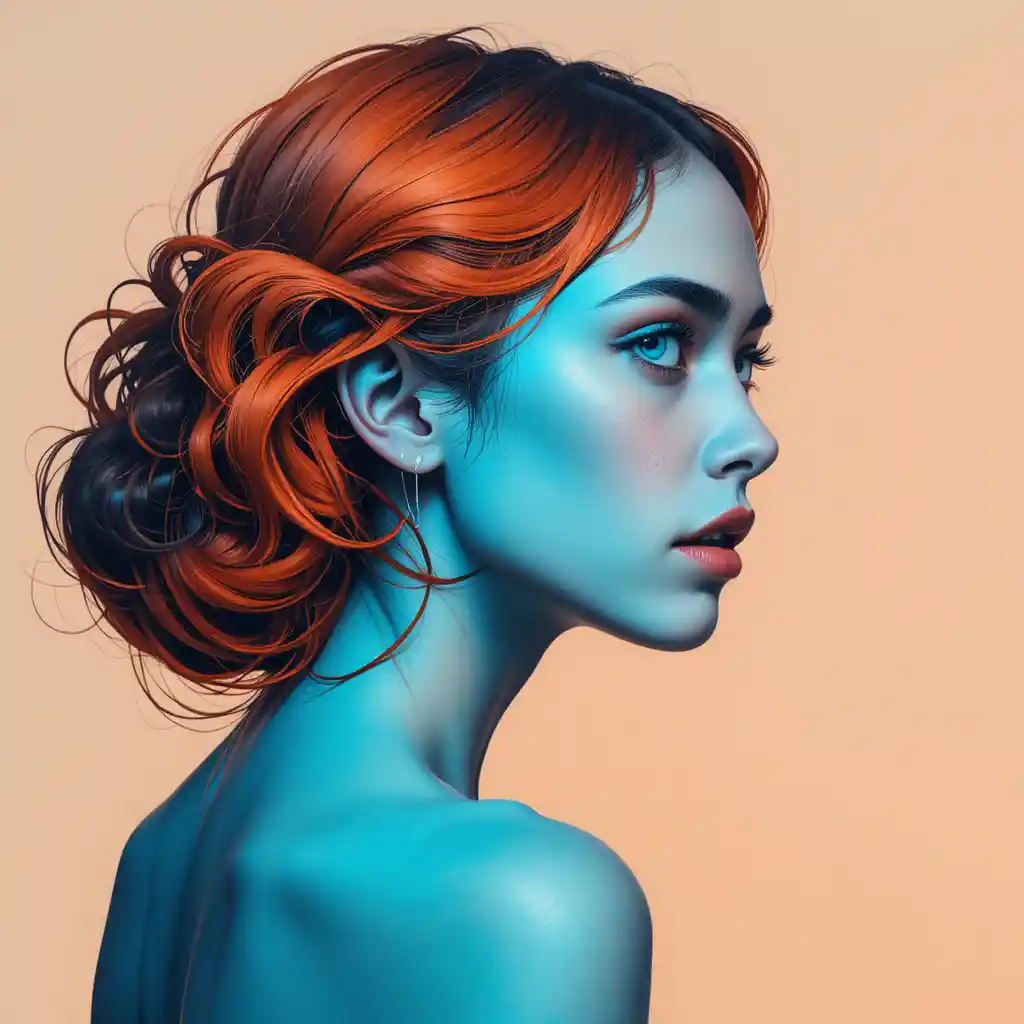 Digital profile portrait of a woman with vivid curled hair