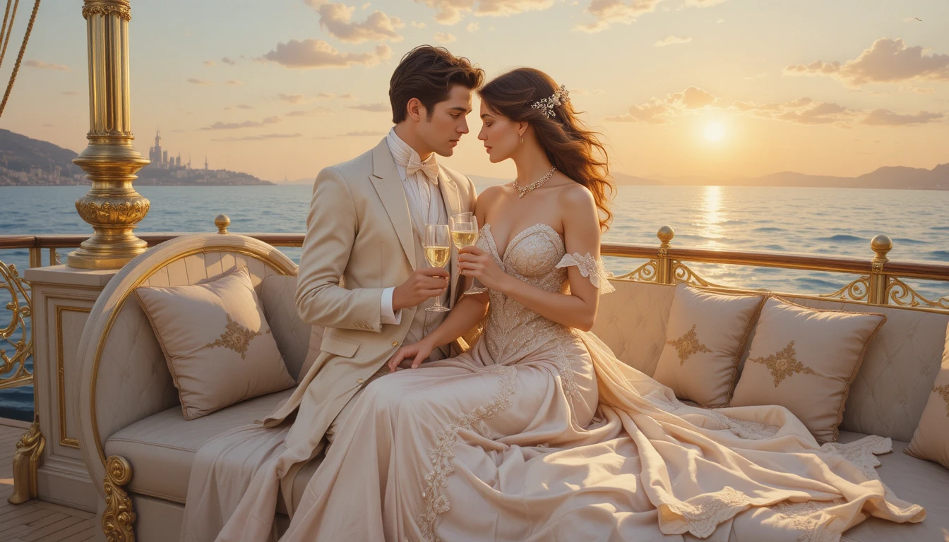 Casal romântico em iate em pintura de pôr do sol inspirada no rococó